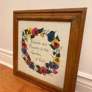 Vintage Floral Needlepoint Wall Art with Wooden Frame